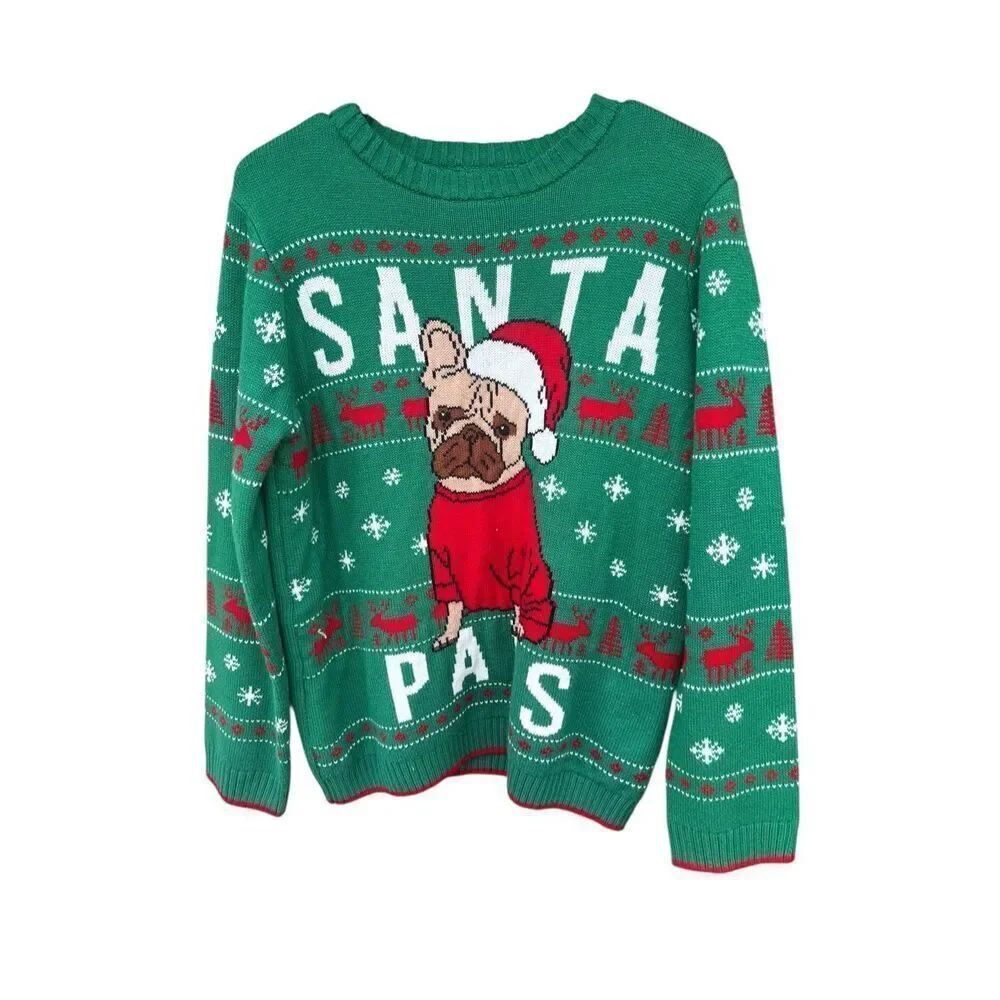 Holiday Time pug bulldog Boys XXL 18 Christmas Sweater Clover Green ugly festive